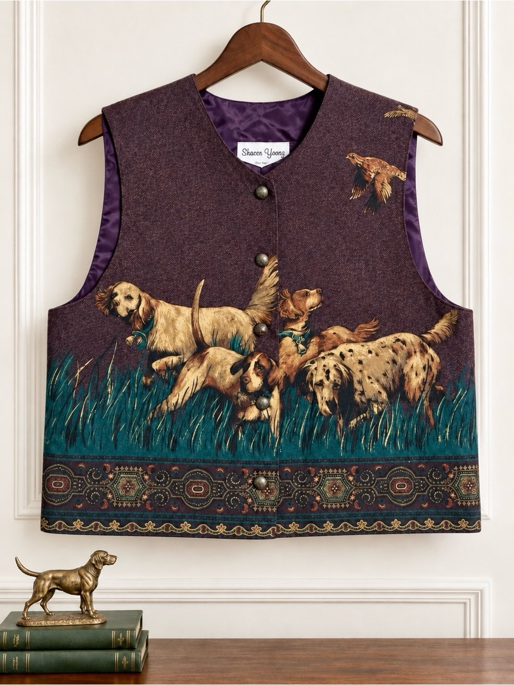 Vintage English Country Sporting Dog Bird Border Print Rayon Vest M